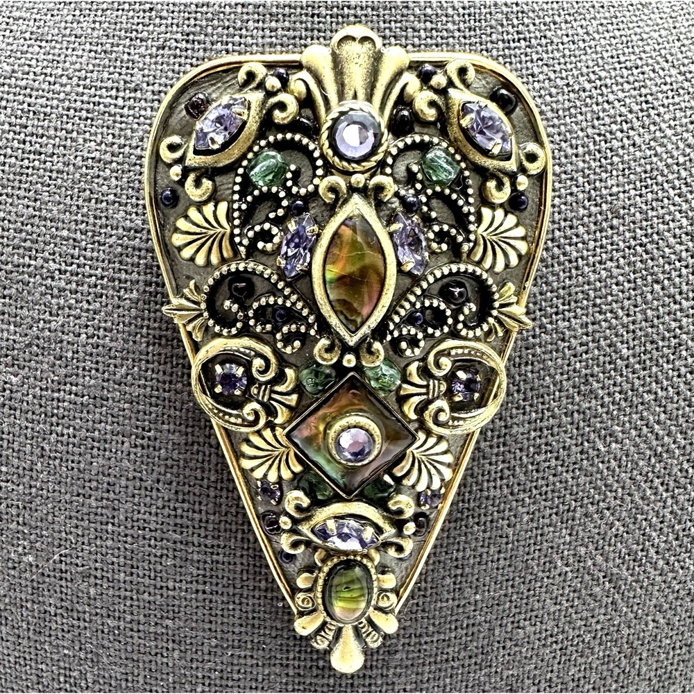 Michal Golan Stamp Brooch Pendant Gold Tone Multi Stone Statement‎ Vintage Style